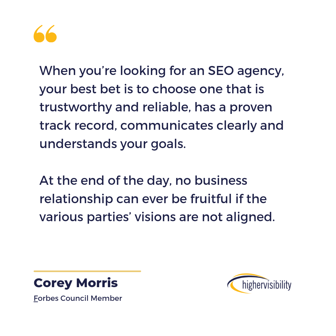 Image showing words from Corey Morris about the importance of the track record of an SEO agency.
